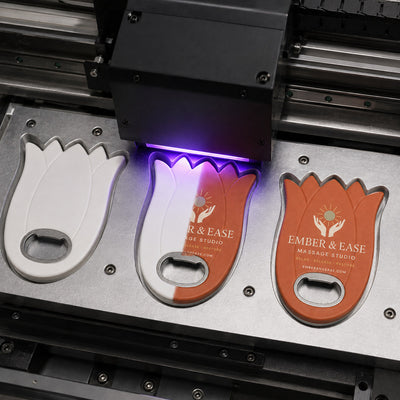 Massage Studio custom logo bottle opener magnet - close-up of the UV printed logo