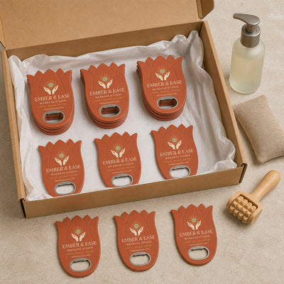 Massage Studio custom logo bottle opener magnet - bulk order laid out before packing