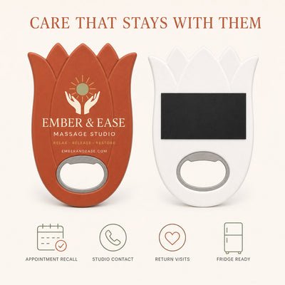 Massage Studio custom logo bottle opener magnet - front and back of the opener magnet
