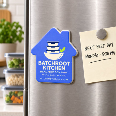 Meal Prep Company custom logo bottle opener magnet - held on a refrigerator door by its magnetic back