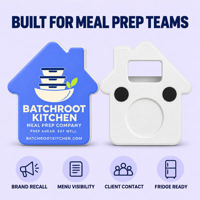 Meal Prep Company custom logo bottle opener magnet - front and back of the opener magnet