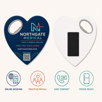 Medical Practice custom logo bottle opener magnet - front and back of the opener magnet