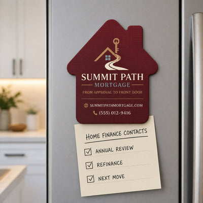 Mortgage Broker Closing custom logo bottle opener magnet - held on a refrigerator door by its magnetic back