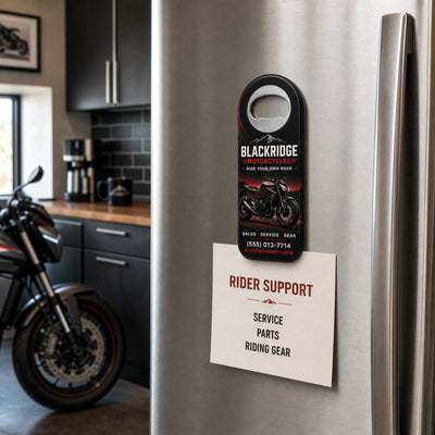 Motorcycle Dealer custom logo bottle opener magnet - held on a refrigerator door by its magnetic back