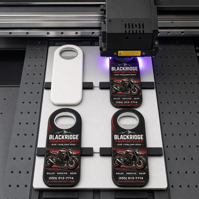 Motorcycle Dealer custom logo bottle opener magnet - close-up of the UV printed logo