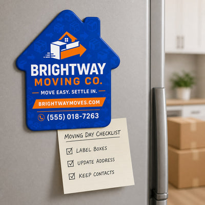 Moving Company Promotional custom logo bottle opener magnet - held on a refrigerator door by its magnetic back
