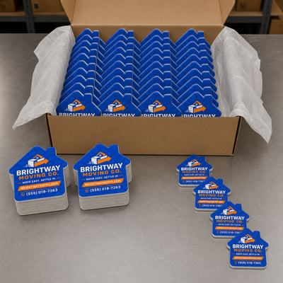Moving Company Promotional custom logo bottle opener magnet - bulk order laid out before packing