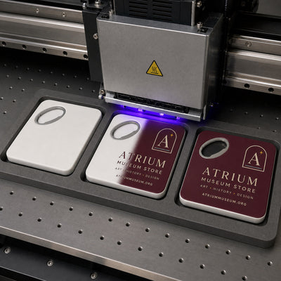 Museum Gift Shop custom logo bottle opener magnet - close-up of the UV printed logo