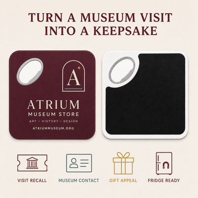 Museum Gift Shop custom logo bottle opener magnet - front and back of the opener magnet