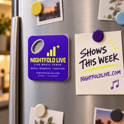 Music Venue custom logo bottle opener magnet - held on a refrigerator door by its magnetic back