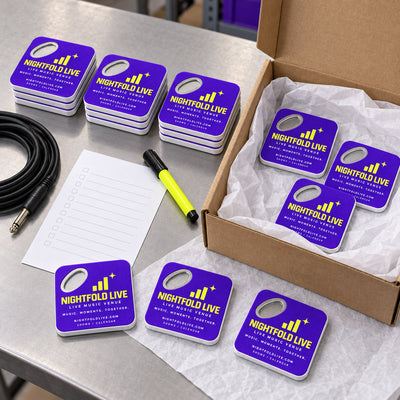 Music Venue custom logo bottle opener magnet - bulk order laid out before packing
