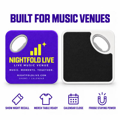 Music Venue custom logo bottle opener magnet - front and back of the opener magnet