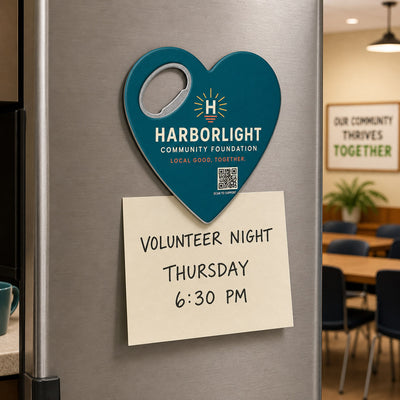 Nonprofit Event custom logo bottle opener magnet - held on a refrigerator door by its magnetic back