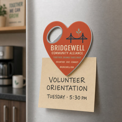 Nonprofit Organization custom logo bottle opener magnet - kept on a refrigerator door as a reminder