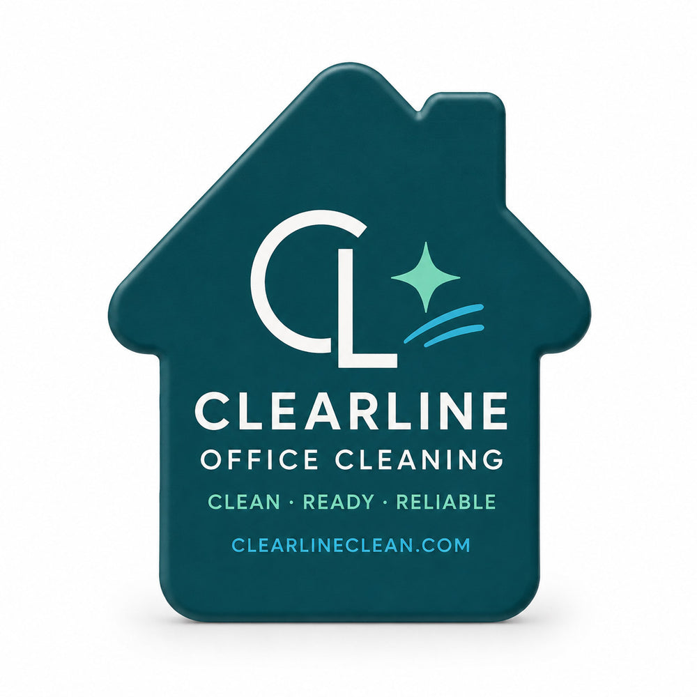 Office Cleaning Company custom logo bottle opener magnet - front view of the printed promotional magnet