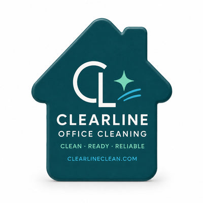 Office Cleaning Company custom logo bottle opener magnet - front view of the printed promotional magnet