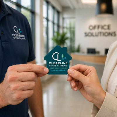 Office Cleaning Company custom logo bottle opener magnet - handed to a customer