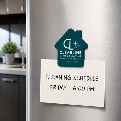 Office Cleaning Company custom logo bottle opener magnet - held on a refrigerator door by its magnetic back