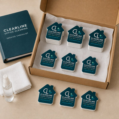 Office Cleaning Company custom logo bottle opener magnet - bulk order laid out before packing