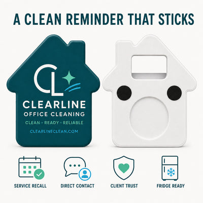 Office Cleaning Company custom logo bottle opener magnet - front and back of the opener magnet
