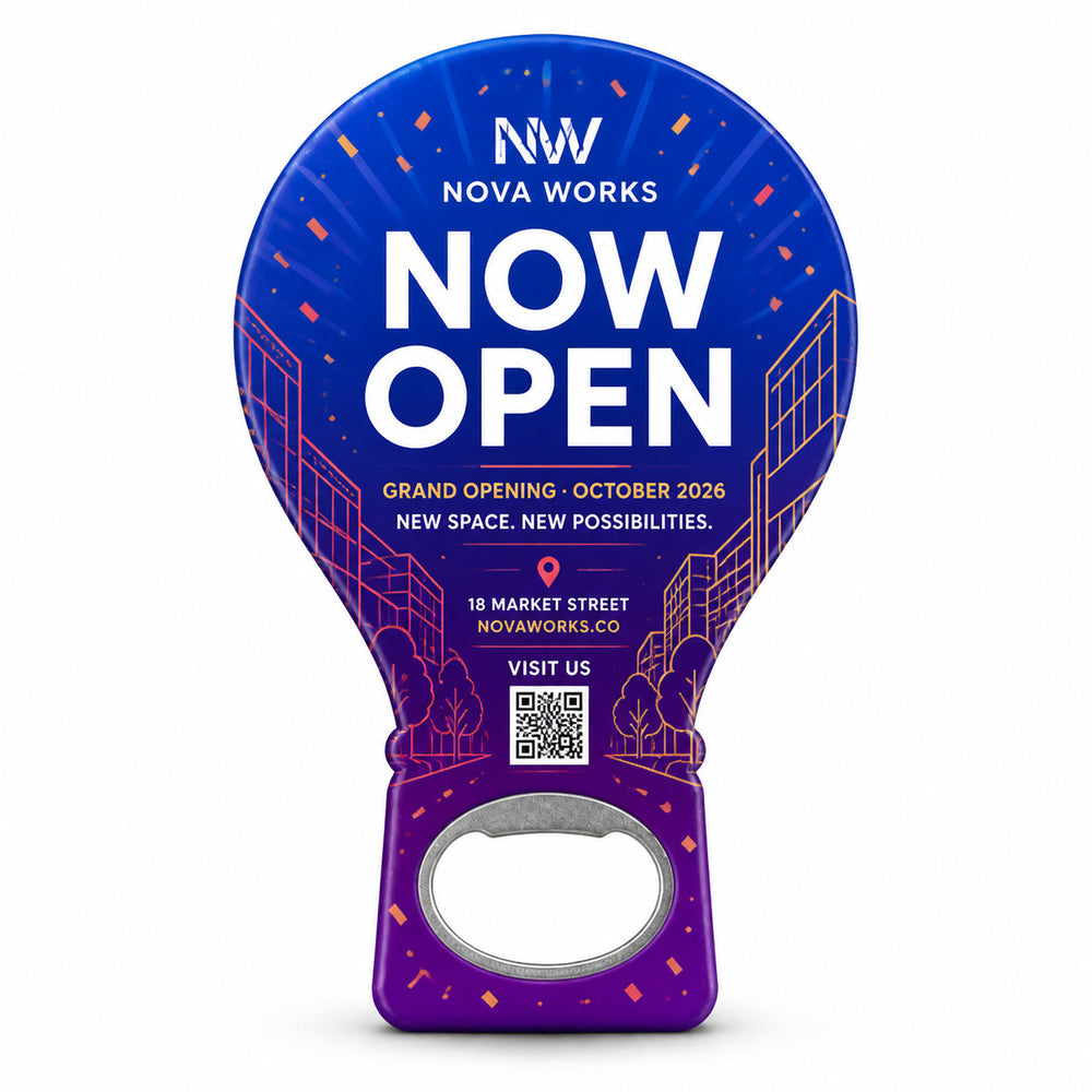 Office Grand Opening custom logo bottle opener magnet - front view of the printed promotional magnet