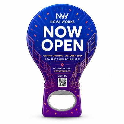 Office Grand Opening custom logo bottle opener magnet - front view of the printed promotional magnet