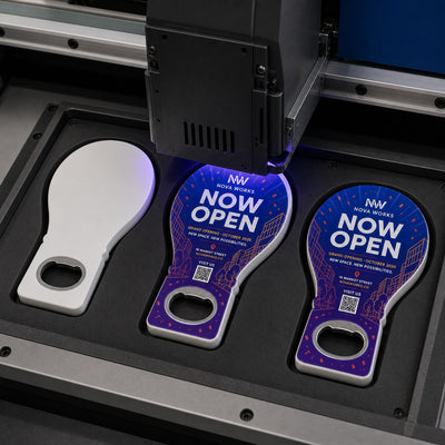 Office Grand Opening custom logo bottle opener magnet - close-up of the UV printed logo