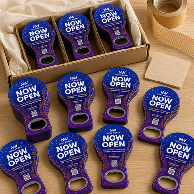 Office Grand Opening custom logo bottle opener magnet - bulk order laid out before packing