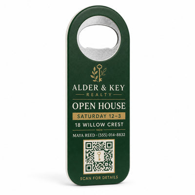 Open House QR custom logo bottle opener magnet - front view of the printed promotional magnet