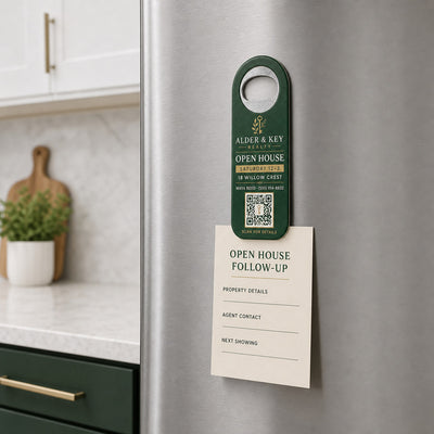 Open House QR custom logo bottle opener magnet - held on a refrigerator door by its magnetic back