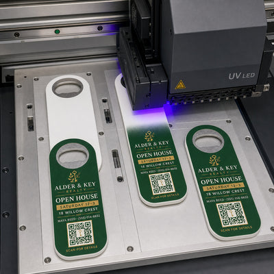 Open House QR custom logo bottle opener magnet - close-up of the UV printed logo