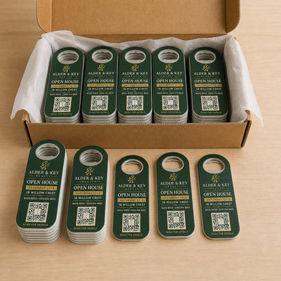 Open House QR custom logo bottle opener magnet - bulk order laid out before packing