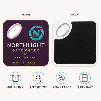 Optometry Practice custom logo bottle opener magnet - front and back of the opener magnet