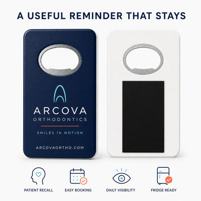 Orthodontic Practice custom logo bottle opener magnet - front and back of the opener magnet