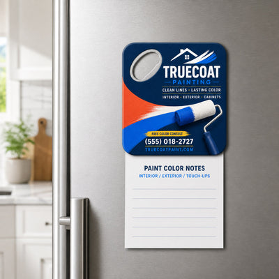 Painting Company Logo custom logo bottle opener magnet - held on a refrigerator door by its magnetic back