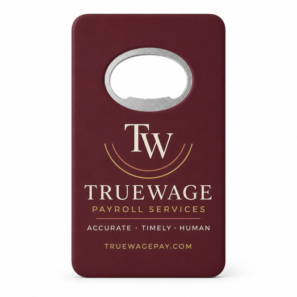 Payroll Service custom logo bottle opener magnet - front view of the printed promotional magnet