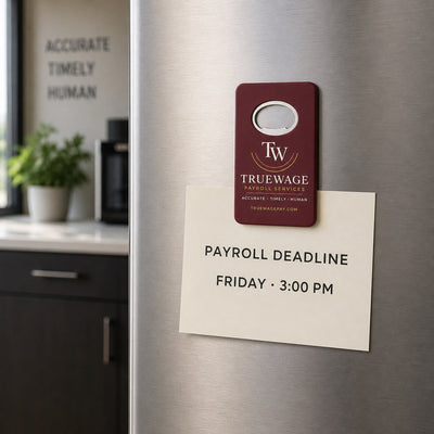 Payroll Service custom logo bottle opener magnet - held on a refrigerator door by its magnetic back