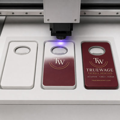 Payroll Service custom logo bottle opener magnet - close-up of the UV printed logo