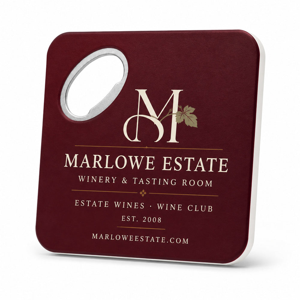 Personalized Winery custom logo bottle opener magnet - front view of the printed promotional magnet