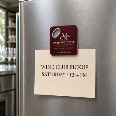 Personalized Winery custom logo bottle opener magnet - held on a refrigerator door by its magnetic back