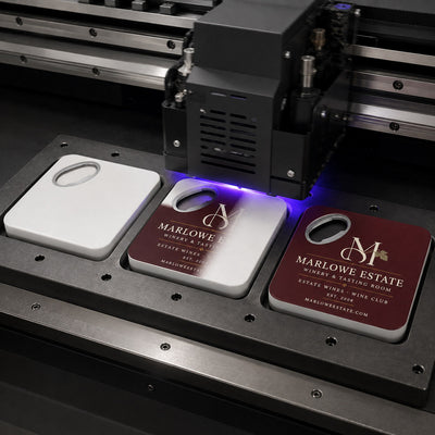 Personalized Winery custom logo bottle opener magnet - close-up of the UV printed logo