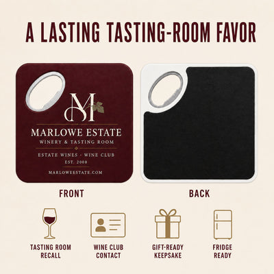 Personalized Winery custom logo bottle opener magnet - front and back of the opener magnet