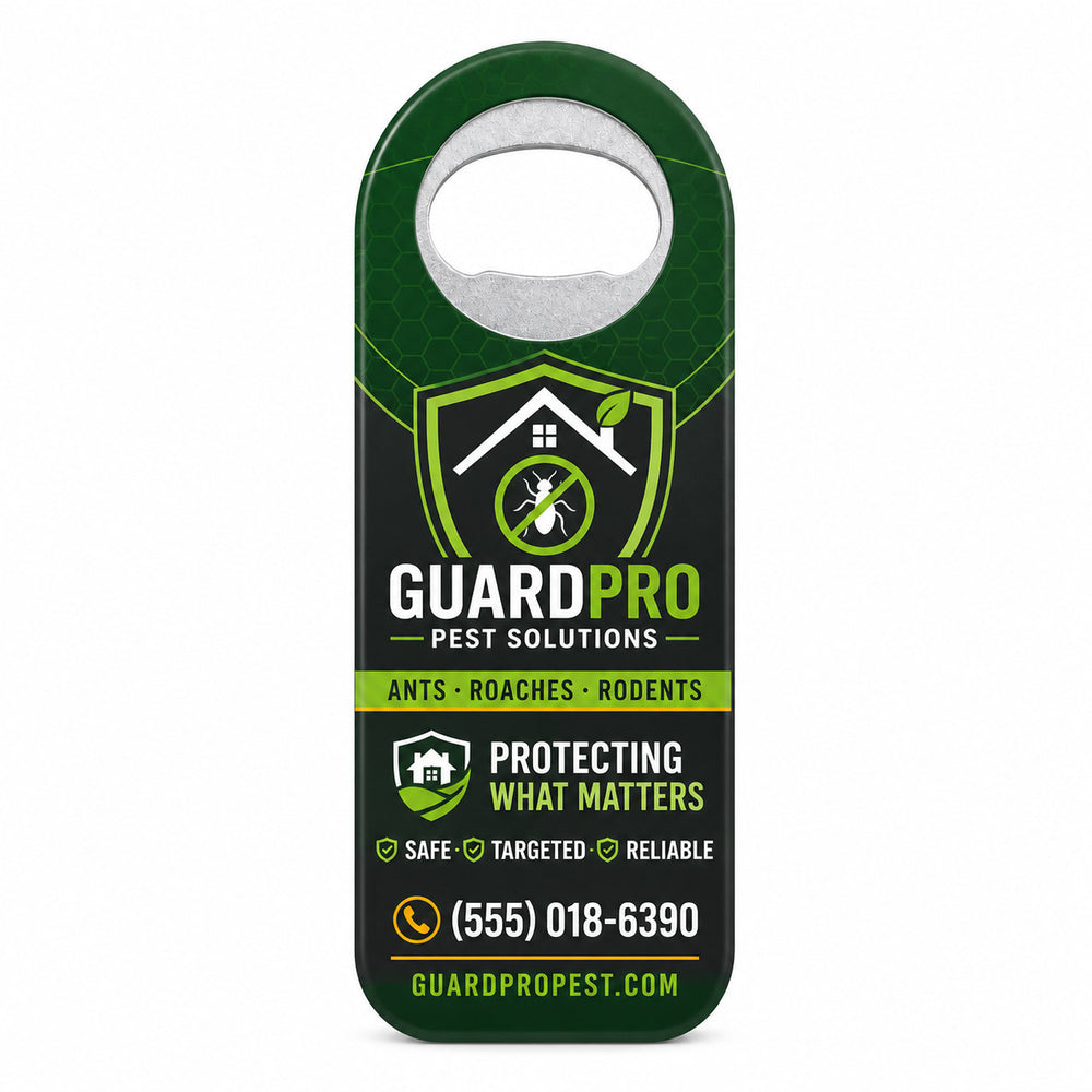 Pest Control custom logo bottle opener magnet - front view of the printed promotional magnet