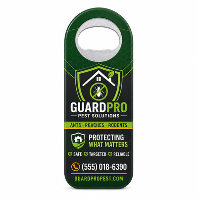Pest Control custom logo bottle opener magnet - front view of the printed promotional magnet