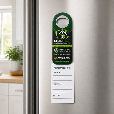 Pest Control custom logo bottle opener magnet - held on a refrigerator door by its magnetic back