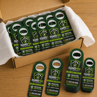 Pest Control custom logo bottle opener magnet - bulk order laid out before packing