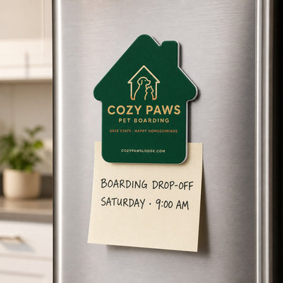 Pet Boarding custom logo bottle opener magnet - kept on a refrigerator door as a reminder