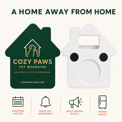 Pet Boarding custom logo bottle opener magnet - front and back of the opener magnet