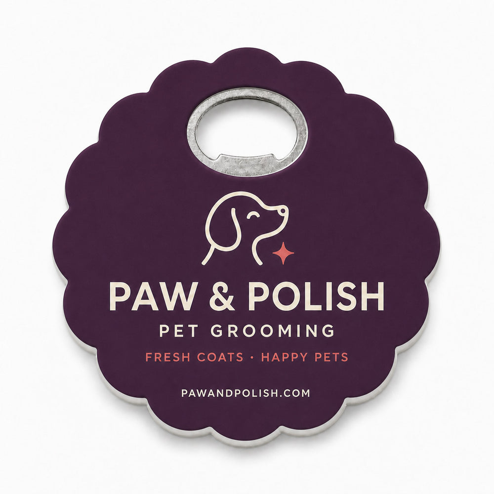 Pet Groomer custom logo bottle opener magnet - front view of the printed promotional magnet