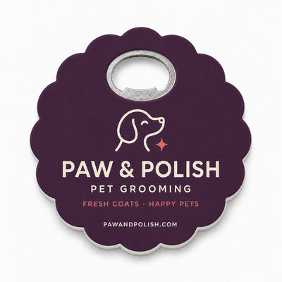 Pet Groomer custom logo bottle opener magnet - front view of the printed promotional magnet